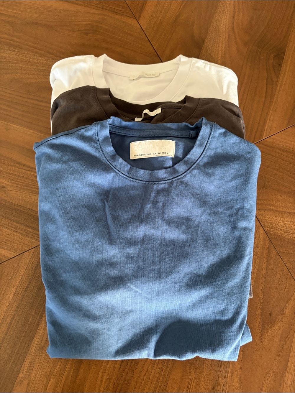Zara Men Short Sleeve Crew Neck T-Shirts - Blue, Brown, White